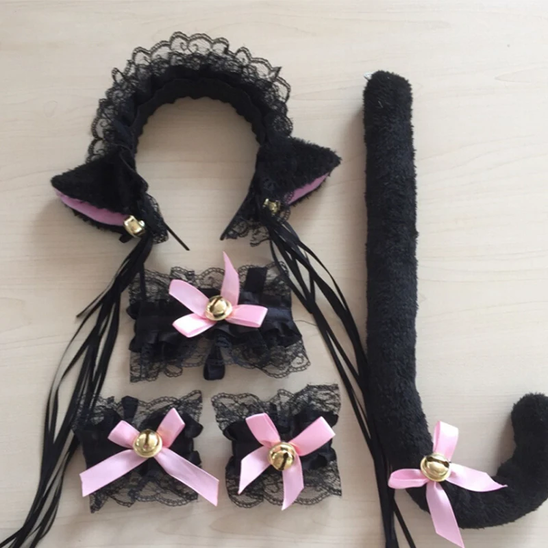 4/5 шт кота лисы меха, с заячьими ушками, с рисунком из аниме Kawaii костюм; повязка на голову+ хвост Напульсники милые Косплэй с украшением в виде кошачьих ушек повязка на голову аксессуары для головных уборов