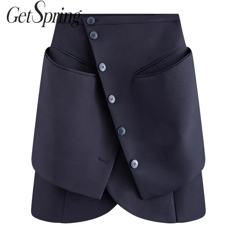 Getвесенняя Женская юбка с разрезом, имитация двух нестандартных юбок, Женская Асимметричная винтажная универсальная Сексуальная Короткая синяя юбка, Новая мода