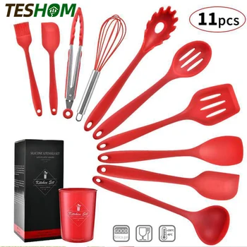 

11 PCS Kitchen Utensil Set Silicone Heat-Resistant Non-Stick Cooking Tools Red Turner Whisk Spoon Brush spatula with Holder box