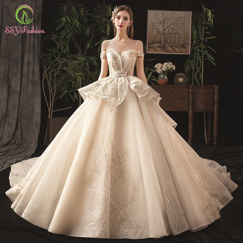 SSYFashion роскошное свадебное платье цвета шампанского, высококачественное свадебное платье принцессы с блестками и бисером, свадебное платье со шлейфом, Vestido De Noiva