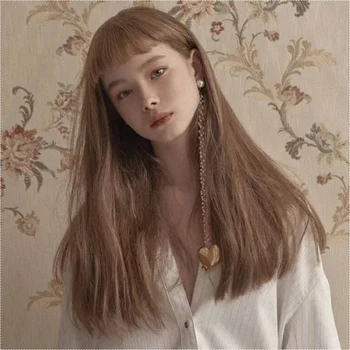 

MANWEI Synthetic Long Straight Flax brown Wig With Bangs Dark Root Ombre Burgundy Hair Cosplay Wigs For Women
