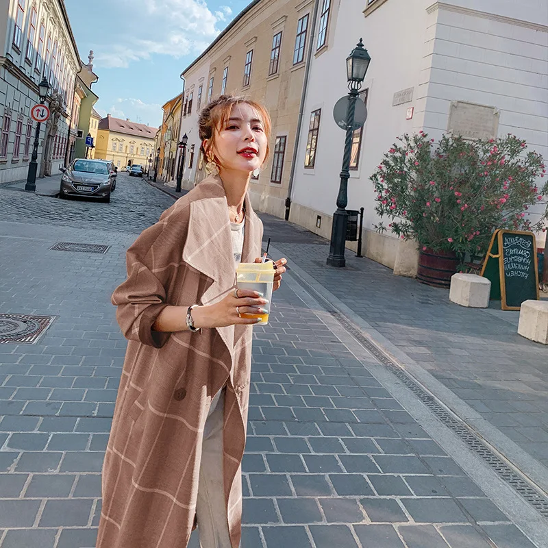 

2019 Autumn New Style Versatile Elegant Retro Plaid Trench Coat Mid-length Loose-Fit Korean-style Turn-down Collar Coat over-the