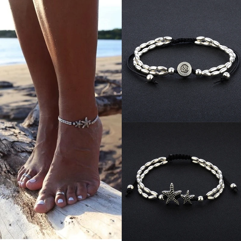 Retro Style Starfish Rune Anklets Beach Barefoot SandalsFoot Chain Willsa Jewelry For Women 