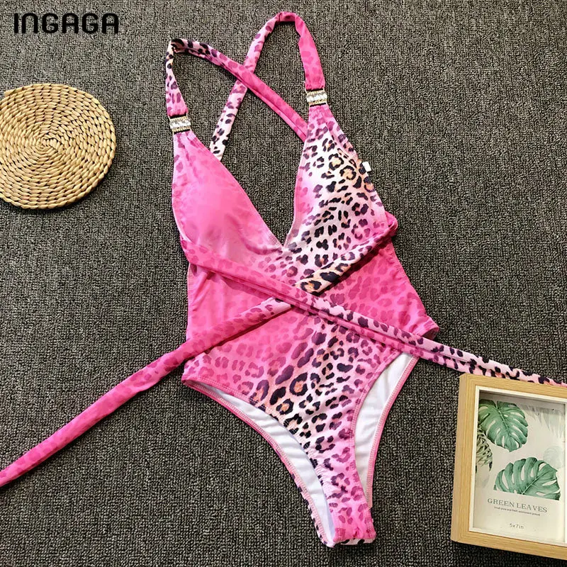 INGAGA леопард печати Одна деталь купальник купальные костюмы V-Neck Для женщин лук пляжная Новый сексуальный ванный комплект Для женщин 2019