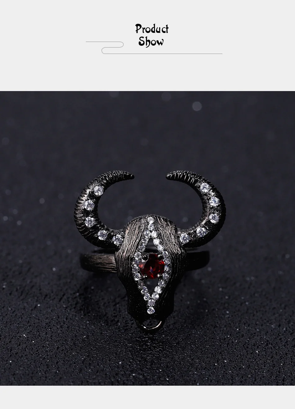GEM'S BALLET 925 Sterling Silver Handmade Bull Head Ring Natural Red Garnet Gemstone Open Adjustable Ring For Women Fine Jewelry