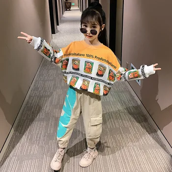 

Cuhk Children's Cartoon Girls Tracksuit Kids Long Sleeve Loose Sweatshirt+Cargo Pants Two Piece Set Casual Cotton Girl Outfits
