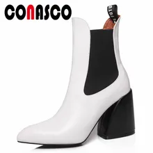 CONASCO/модные женские короткие ботинки; Осень Зима; теплая офисная обувь из натуральной кожи; выразительная женская обувь на странном каблуке
