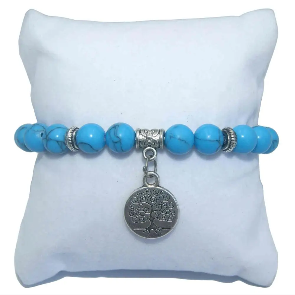 Blue turquoise 8 мм натуральный камень жизни бусины с изображением дерева Агаты лазурит тигровый глаз Bracelet ISES браслет для женщин мужчин Йога эластичные браслеты - Окраска металла: Blue turquoise