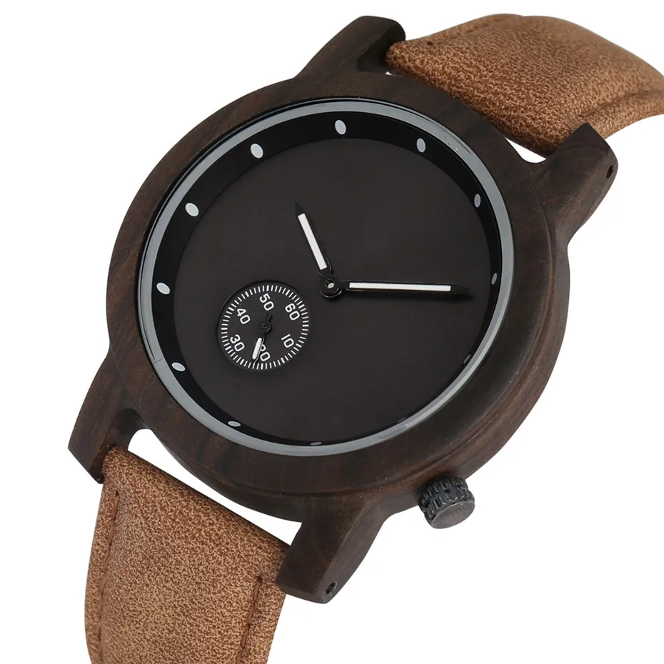 

Creative Small Dial Seconds Hand Ebony Wood Men Watch Genuine Leather Watchband Men's Quartz Wooden Wristwatches New 2019