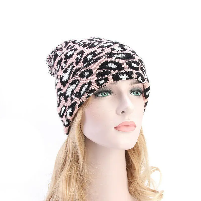 Модная Лыжная Шапка Skullies Beanies с леопардовым принтом для женщин, вязаная Лыжная шапка с помпонами, зимняя теплая шапка, мягкая женская шапка для выпадения волос, новинка