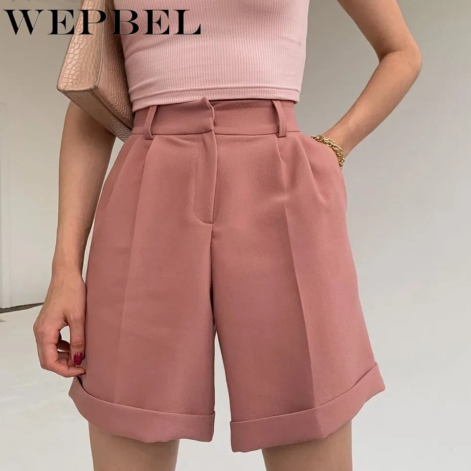 

WEPBEL Women's Sexy Solid Color Straight Shorts Summer and Autumn Fashion High Waist Pocket Zipper Casual Shorts