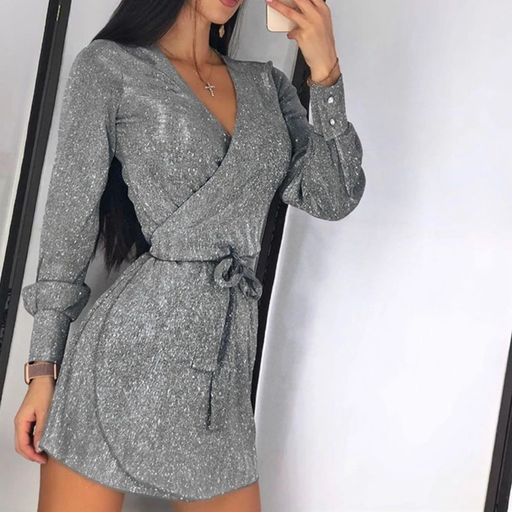 

Autumn Spring Party Dress Women Sequins Dress Sexy & Club Mini Dress Pencil Dress Long Sleeve Short Dress