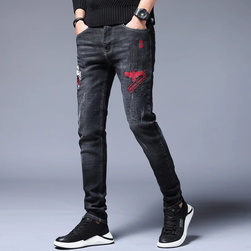 Buy High Quality Jeans Men's Jeans Denim Pants Slim Straight Regular Fit Leisure Long Trousers Jean Men Embroidery Print trousers