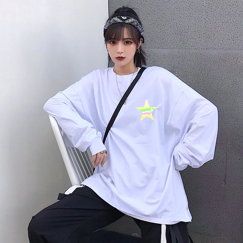 Женские футболки, топы, японские Kawaii, для девушек, Ulzzang, с принтом, светоотражающие, с длинным рукавом, футболка, женская, Harajuku, одежда для женщин