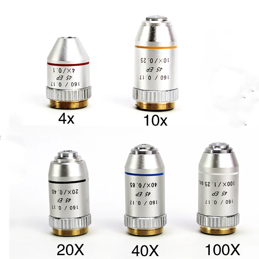 4X/10X/20X/40X/100X Semi-plan Achromatic Objective Lens 195 mm Conjugate Distance for Biological Microscope 160/0.17 45EP 4X/10X/20X/40X/100X Semi-plan Achromatic Objective Lens 195 mm Conjugate Distance for Biological Microscope 160/0.17 45EP