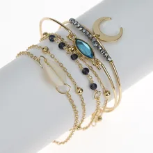 Модные браслеты с кисточками и ракушками, набор, Лунная подвеска с бусинами из кристаллов, браслет в богемном стиле, золотой цвет, Открытый браслет, женские вечерние ювелирные изделия