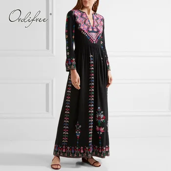 

Ordifree 2020 Summer Boho Women Maxi Dress Vintage Floral Embroidery Black Long Tunic Dress