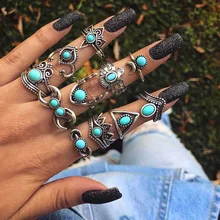 Boho Green Resin Stone Rings For Women Combination Ring Set Crown Teardrop-Shaped Retro Style Set Ring New Jewelry Fashion