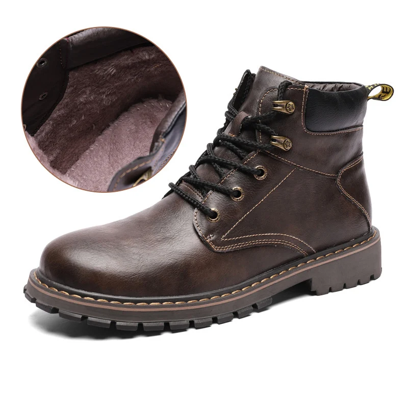 Модные меховые черные, темно-коричневые, серые мужские зимние ботинки повседневная рабочая обувь высокие рабочие тонкие туфли Мужская обувь из искусственной кожи - Color: Dark-Brown-Fur