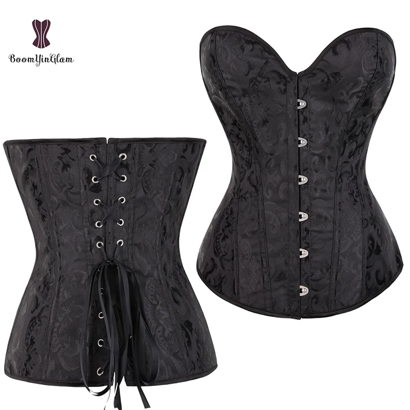 

Однотонный черный, белый свадебный комплект Gorset жаккардовый корсет для коррекции груди с косточками Корсет Топ Кружевное Бюстье Корректирующее белье