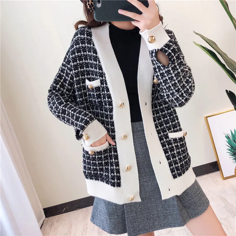 

Women Sweater with Buttons Long Sleeve Plaid Knitted Cardigan Ladies Autumn 2019 New Arrival Oversize Luxury Warm Sweaters Top