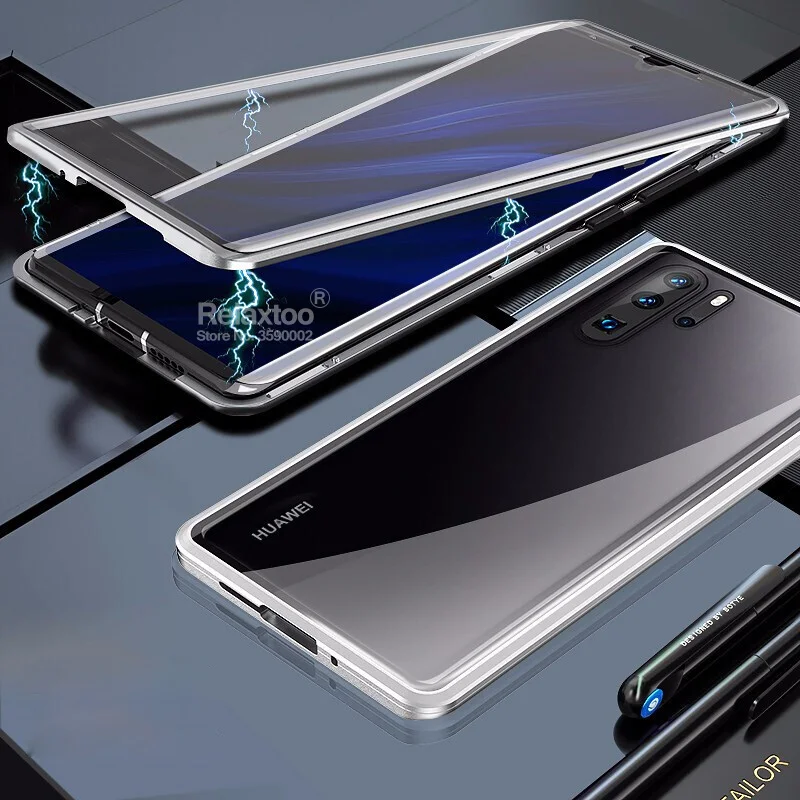 silver 360 магнитный чехол для huawei p30 pro, двухсторонний чехол из закаленного стекла для honor 10 lite, светильник honer 20 pro, металлический адсорбционный чехол - Цвет: silver