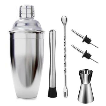 

6pcs/set Bar Tools With Spoon Cocktail Shaker Set Professional Measuring Cup Drink Mixing 550ML Home Party Stainless Steel