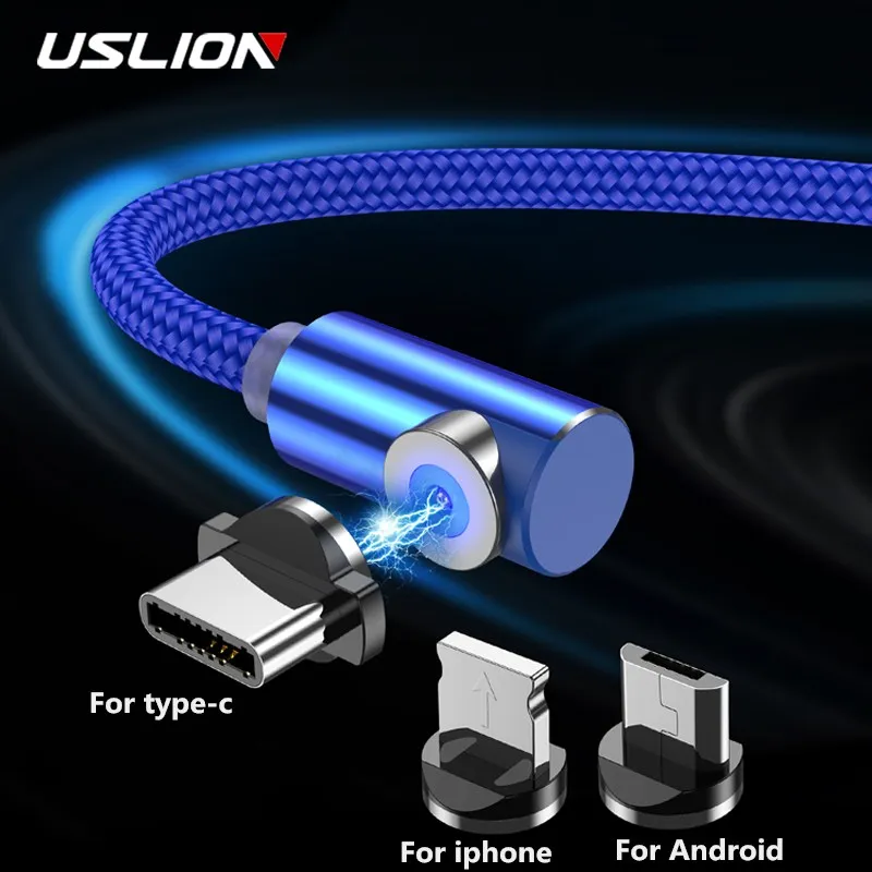 USLION 90 Degree Fast Magnetic USB Charging Cable Micro USB Type C For iPhone Samsung Huawei Magnet Phone Cable Charger Cord