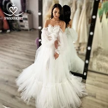 Романтичное Тюлевое свадебное платье, юбка-лебедка с аппликацией, на шнуровке, а-силуэт, пышные рукава, свадебное платье принцессы, robe de mariee XZ34