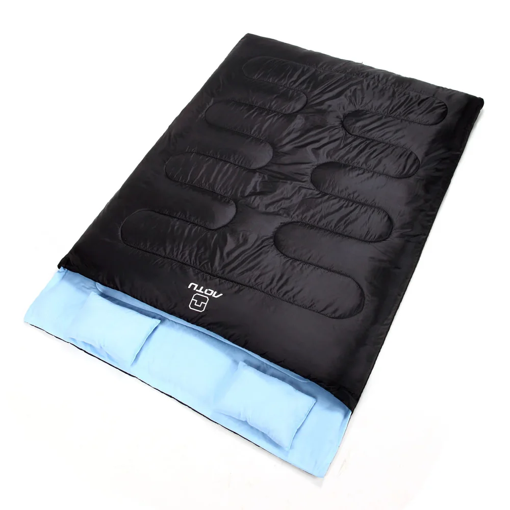 86"x60" Double Thermal Sleeping Bag 450g/m2 hollow fiber 2 Person Outdoor Camping Hiking Sleeping Bag with 2 Pillows