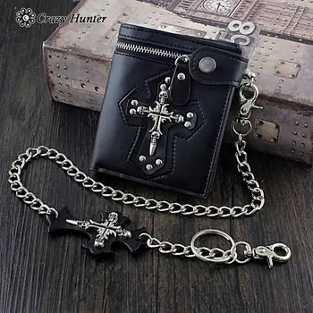 

Men's Punk Biker Skull Cross ID Card Money Leather Zipper Wallet With Skull Chain