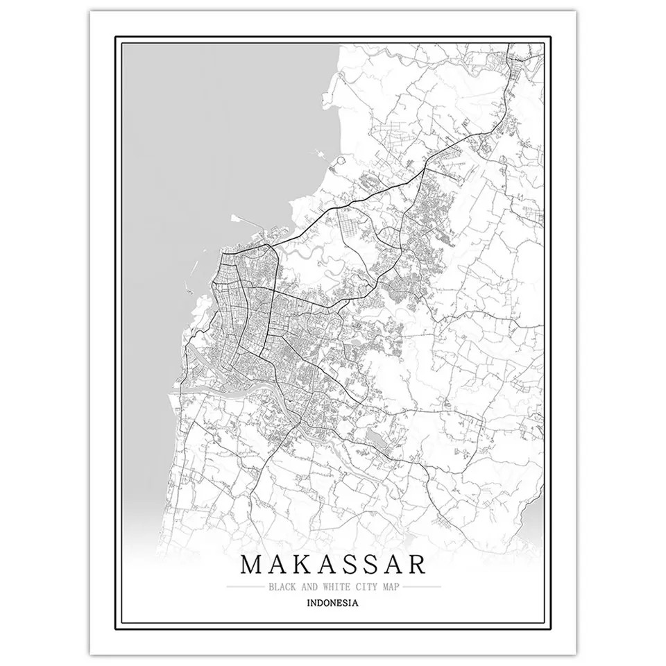 Индонезийская черно-белая карта города плакат Скандинавская гостиная Джакарта Бандунг настенное искусство домашний декор холст живопись креативный подарок - Цвет: Makassar