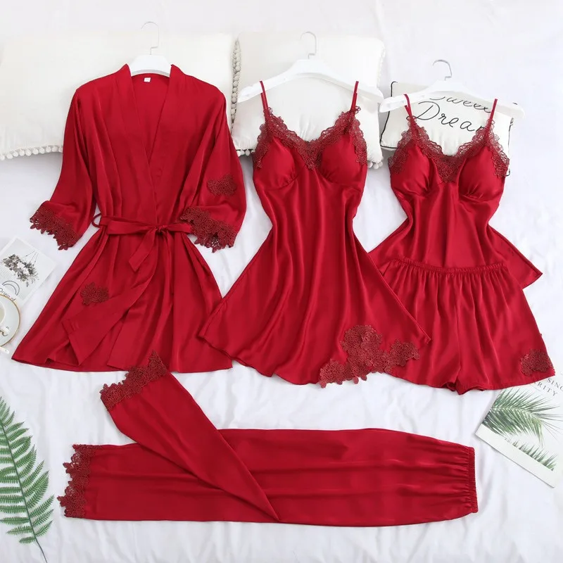 Атласный комплект для сна из 5 предметов сексуальный женский пижамный кимоно