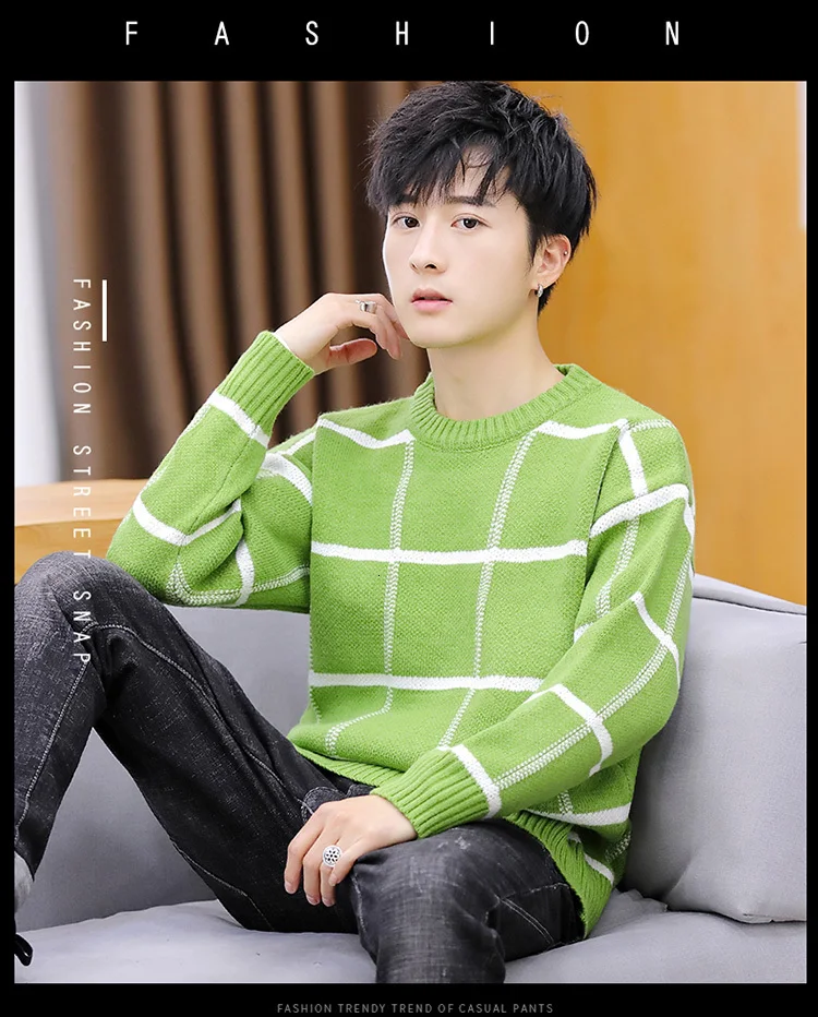 Plaid Sweater Men's Slim Warm Fashion Contrast Color Casual Knit Sweater Man Streetwear Wild Long-sleeved Pullover Men Clothes