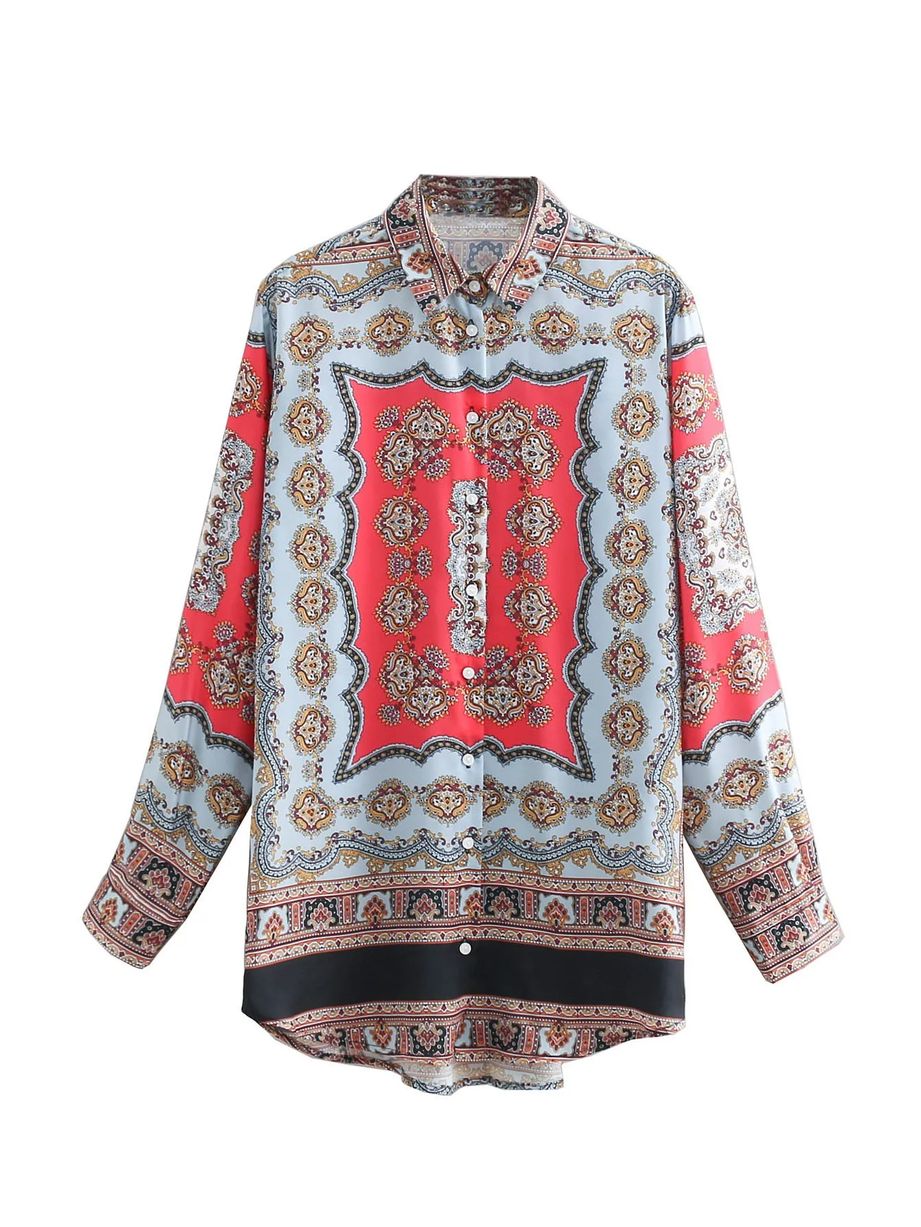 Women Casual Button Print Shirt Long Sleeve Boho Vintage Blouses Turn-Down Loose |