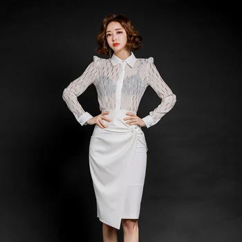 

Elegant OL Style 2 Pieces suit Set White Blouse High Waist Skirt Office Ladies Women Set