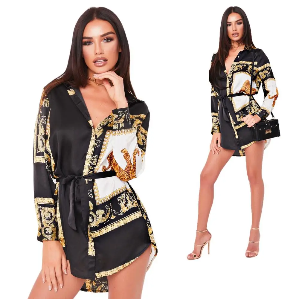 

Sexy Women Blouses Long Sleeve Printing Chain Oversize Modis Vintage With Sashes Slim ladies Shirts Plus Size S-6XL