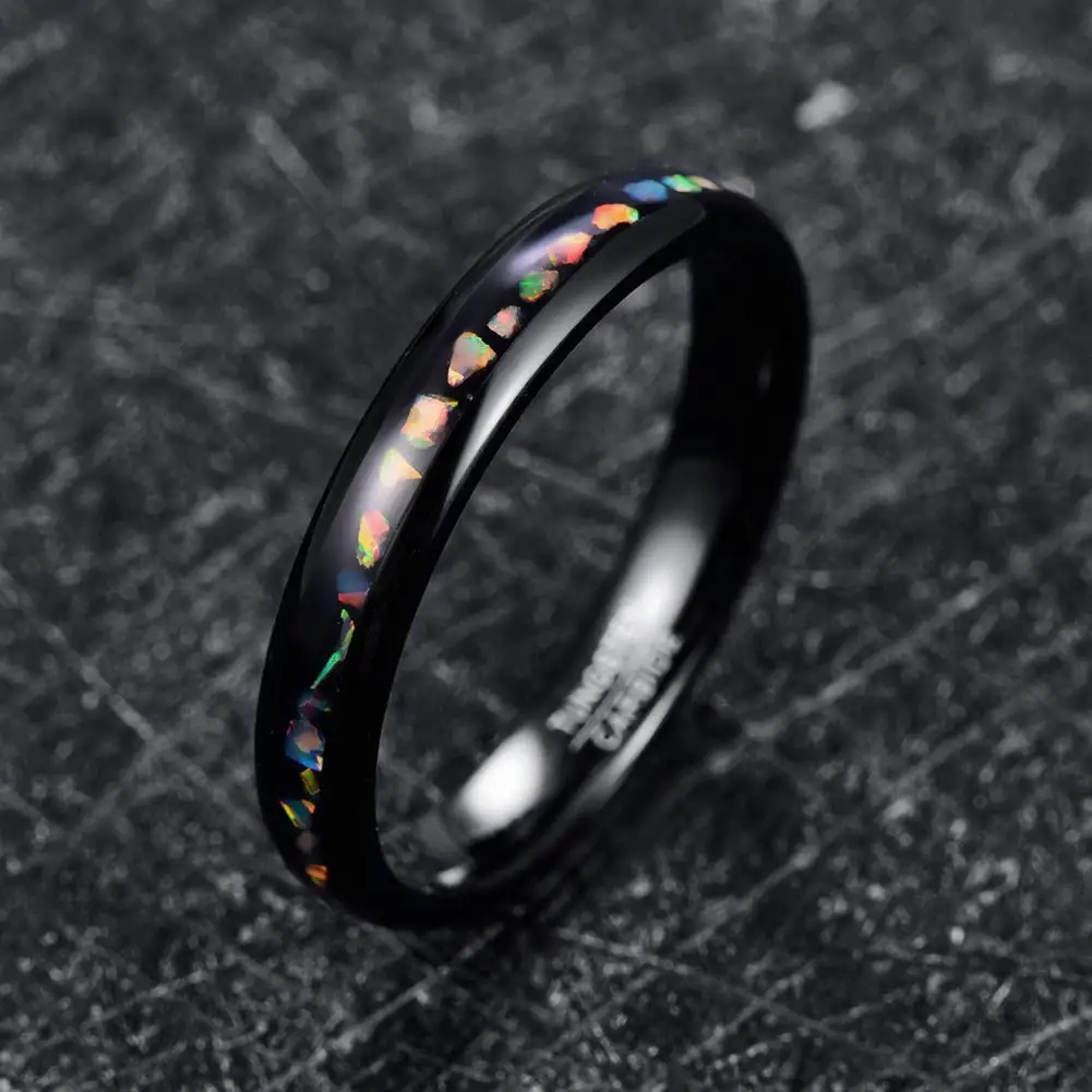 Tungsten Carbide Ring Crushed Fire Opal Men Women Black Dome Engagement Ring Comfortable Fit Ring