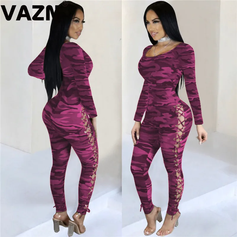 VAZN high quality fashion solid o-neck bandage women jumpsuit long sleeve long pencil pant jumpsuits sexy club rompers