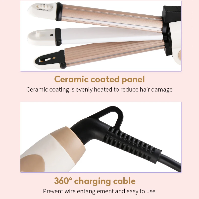 Kemei 3 in 1 Multifunction Hair Straightener Hair Curler Flat Iron Foldable Electric Hair Curling Iron Hair Styler Tools