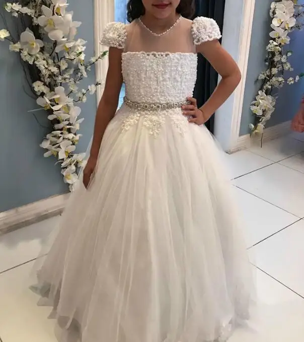 

New Customized Girls Wedding Party Dresses Pearls Lace Top Backless Flower Girl Dress White Ivory