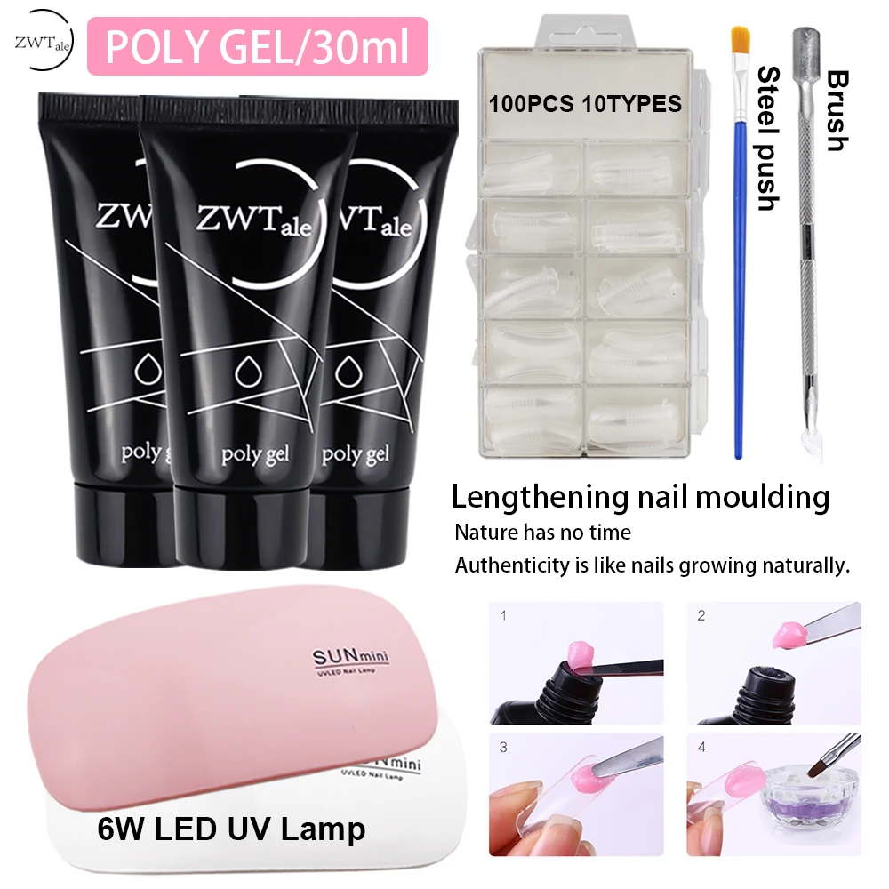 

ZWTale 30ml Polygel Set with Lamp Claar Pink Poly Gel Nail Polish Quick Builder Gel Varnish semi permanant uv Manicure Tips
