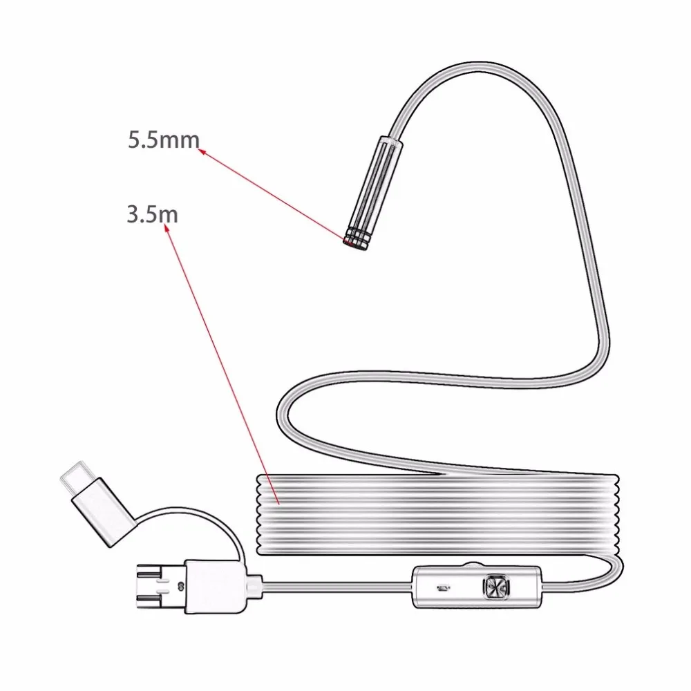 Android 5,5 мм объектив 2 м 3,5 м эндоскоп Тип usb-c 3-в-1 эндоскоп бороскоп трубка Водонепроницаемый инспекции микро видео Камера для ПК