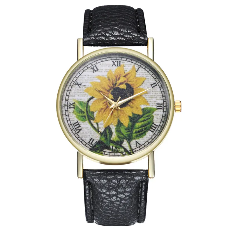 

Student PU Leather Band WristWatch Small Round Dial Clock Watch Sunflower Printing Quartz Women New Watch For Ladies Clock Gift
