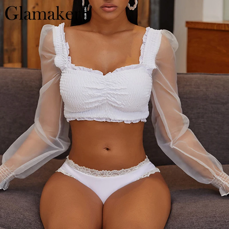 Сексуальный белый женский купальник Glamaker из 2 частей Прозрачный Кружевной