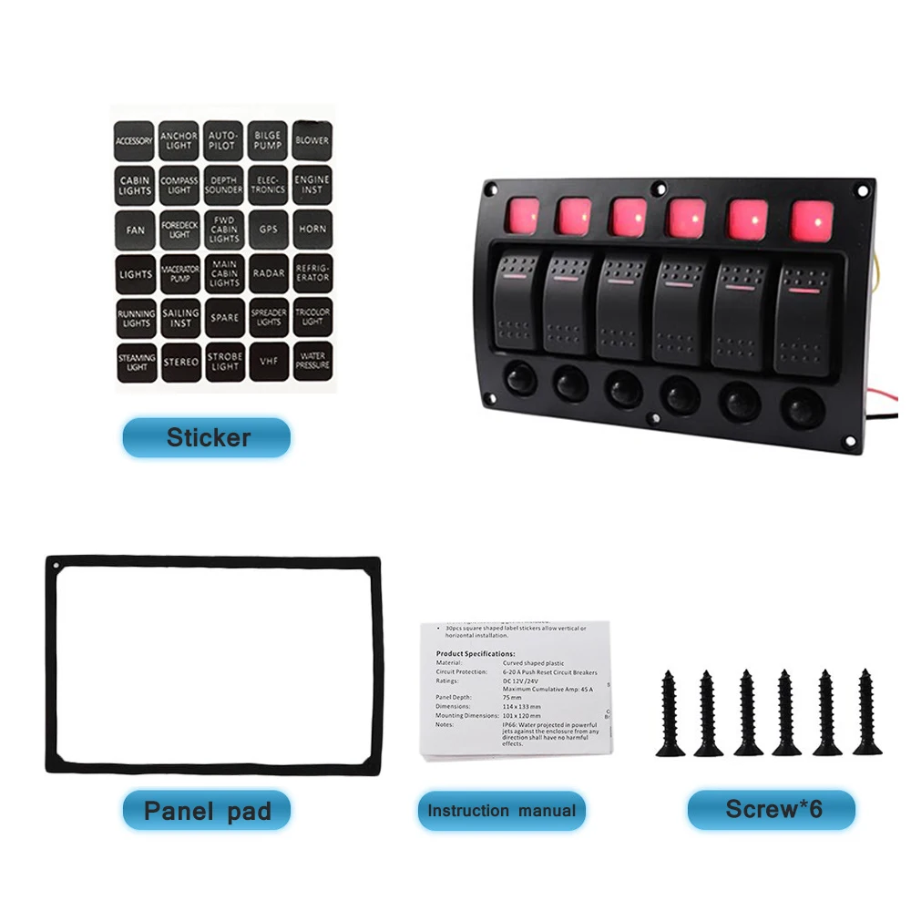  IZTOSS 12V-24V DC 6 Gang Red LED Toggle Rocker Switch Panel With Waterproof Circuit Breaker for Car - 4000340788621