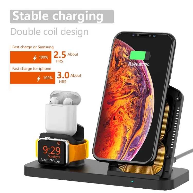 Desk Qi fast charge Wireless Charger Charging Stand Dock Station for iPhone watch Series 3 in 1Fast  Wireless Charger