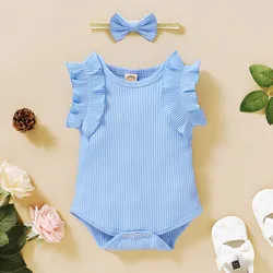 Ensemble de vêtements pour bébés filles, barboteuse à manches courtes et volants, couleur unie, tenue pour nourrissons 