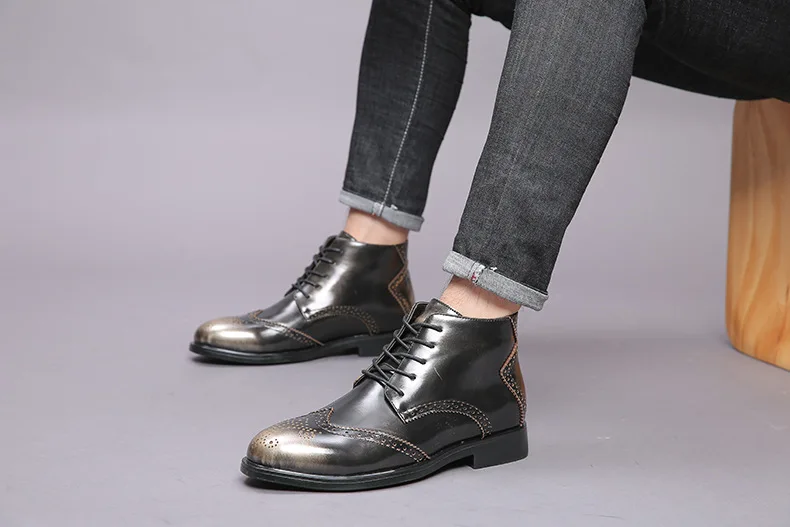 Мужские ботильоны на шнуровке модные Демисезонные ботинки мужские ботинки больших размеров 38-48 повседневная кожаная обувь с острым носком мужские ботинки челси цвета: черный, серый, золотой