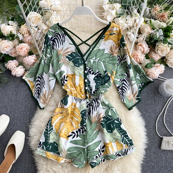 

Bohemian Beach Style Women Chiffon Jumpsuits 2020 Summer Back Split Button Wide Leg Bodysuit 2 Colors Casual Streetwear